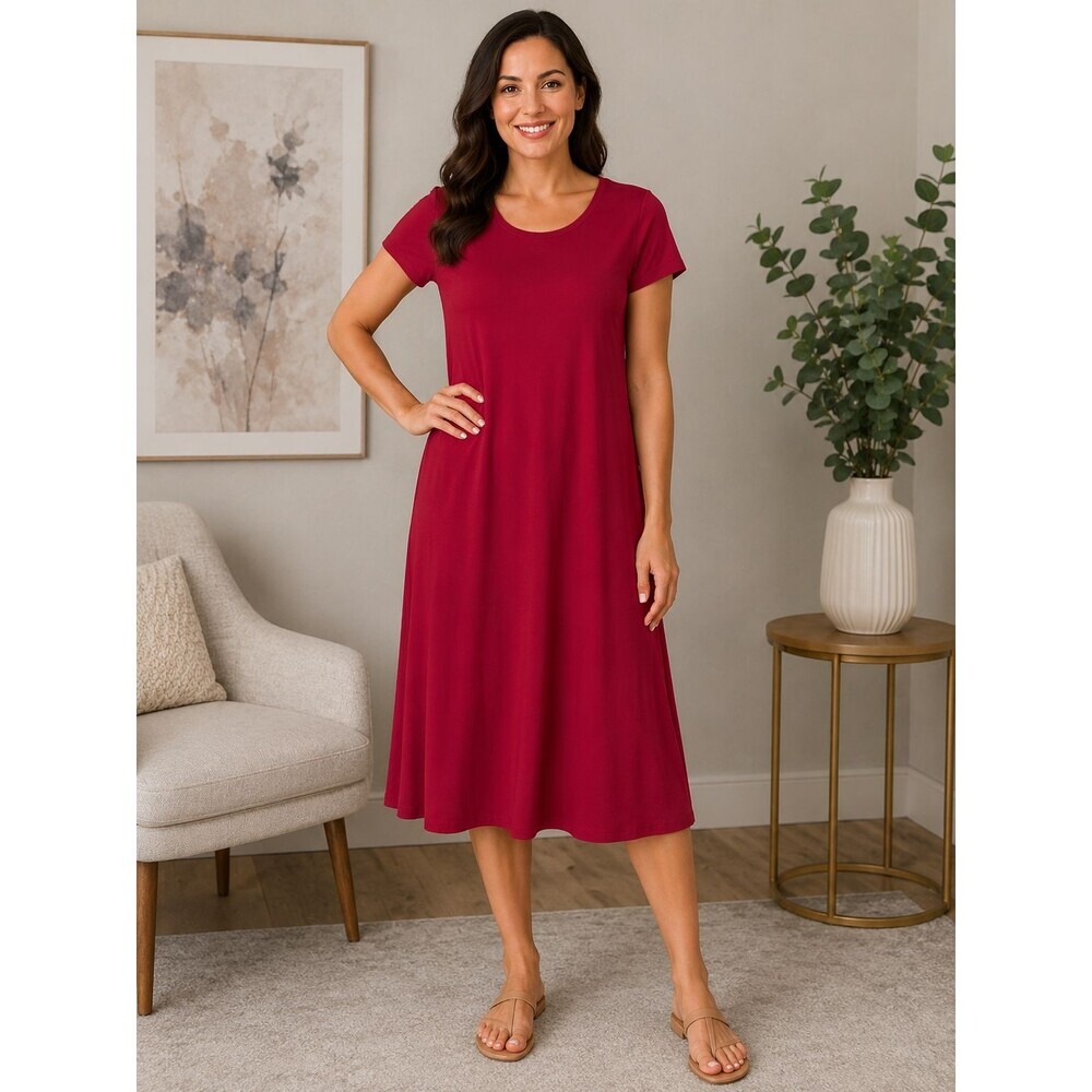 Lands' End Women's Small Red Midi Dress 100% Cotton Short Sleeve Casual
